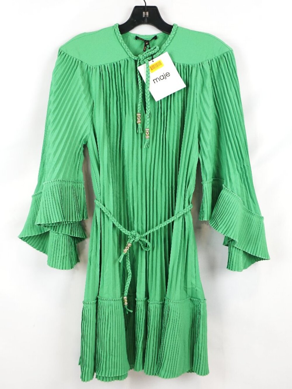 Maje Mini Pleated Trapeze Dress With Ruffles In Green Women's Size US M (NWT)